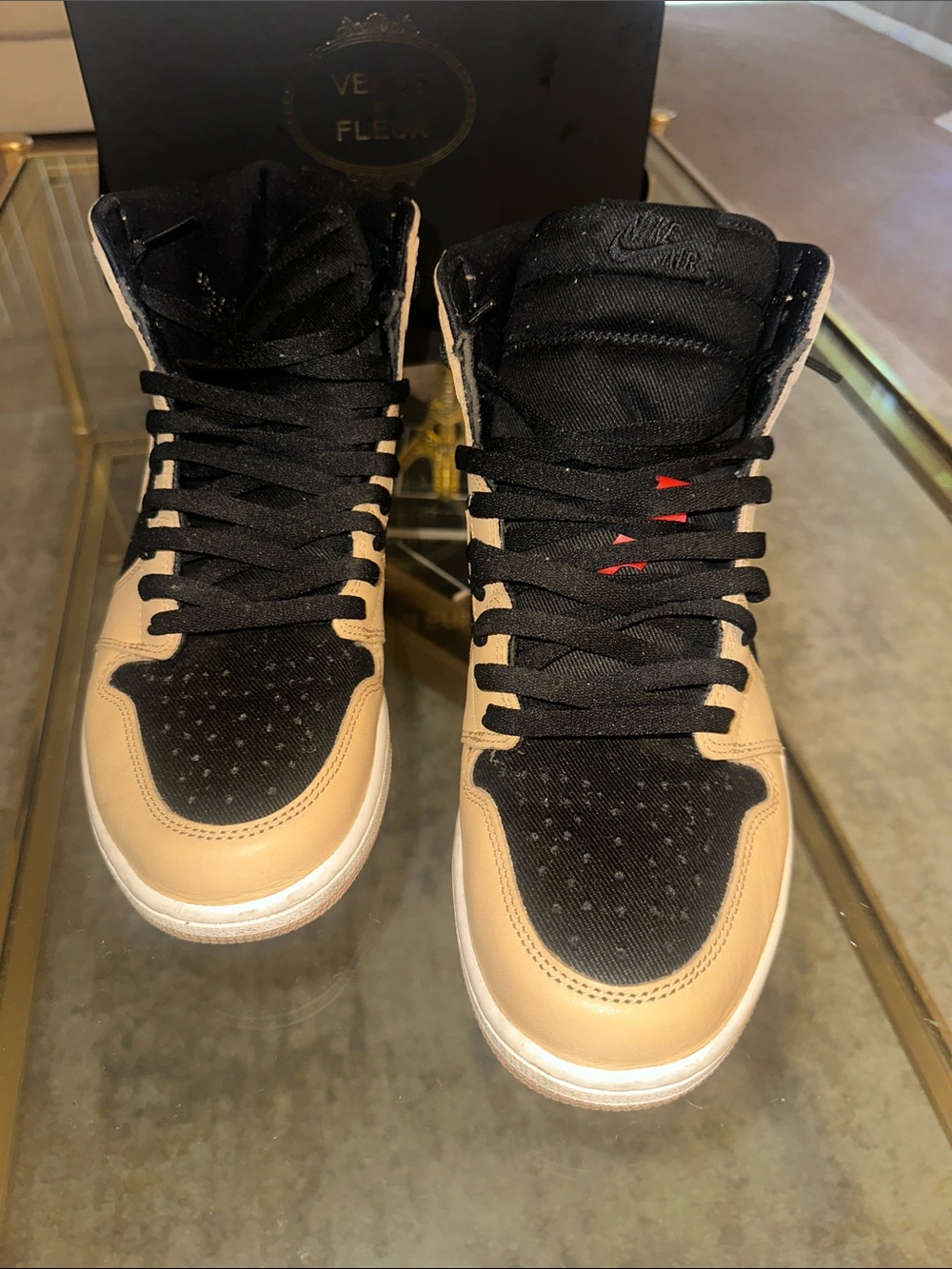 Nike Air  High-Top Sneakers in Black and Tan with Red Accents
